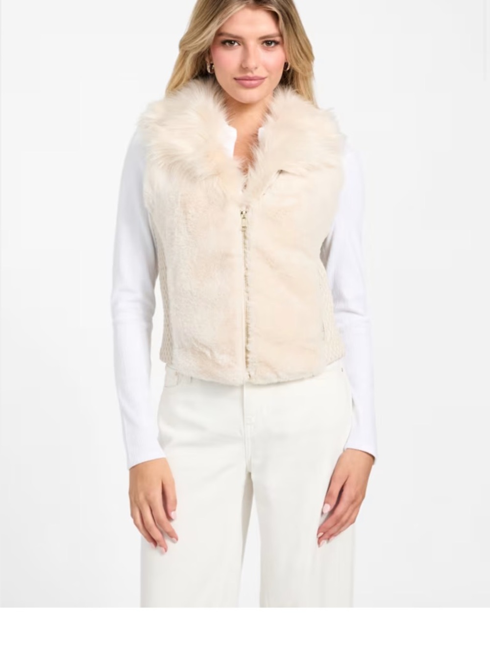 Women's Faux Fur Vest with Plush Collar - Cream